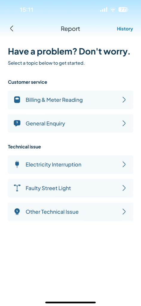 SEB cares - SEB cares app report screen showing options for billing inquiries and technical issues like electricity interruptions