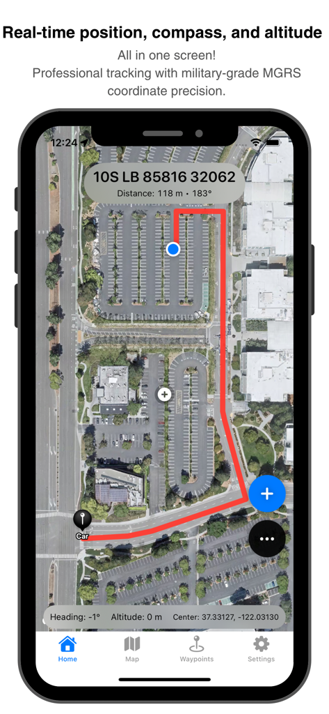 Satellite navigation interface showing MGRS coordinates and a tracked route