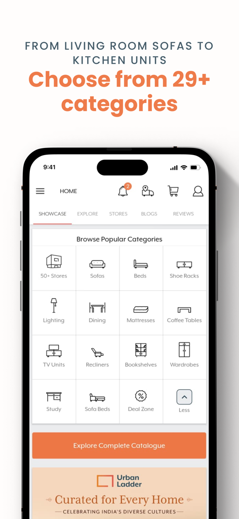 Urban Ladder - Interfaz de la aplicación Urban Ladder que muestra más de 29 categorías de muebles y decoración del hogar.