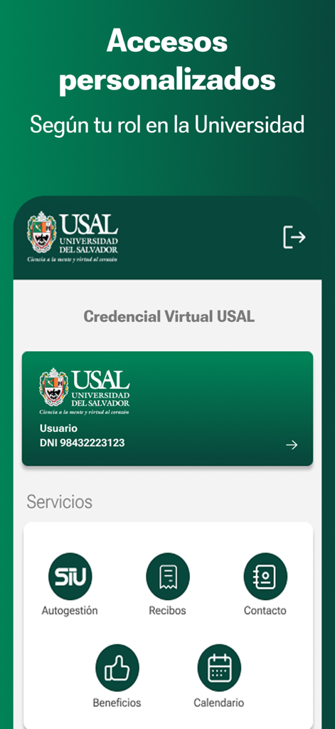 USAL Universidad del Salvador - USAL university app dashboard showing a virtual student ID card and service icons