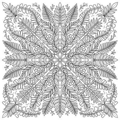 Dive into the calming world of nature with this exquisite Indoor Ferns Mandala coloring page. Its perfectly symmetrical design, rich with diverse fern patterns, offers a meditative and beautiful artistic journey for all ages.