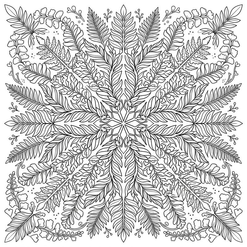 Dive into the calming world of nature with this exquisite Indoor Ferns Mandala coloring page. Its perfectly symmetrical design, rich with diverse fern patterns, offers a meditative and beautiful artistic journey for all ages.