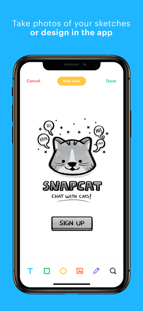 Marvel app interface showing a sketch of an app concept with a cat character