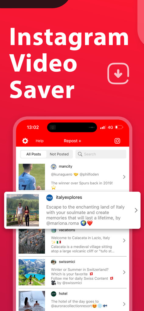 Interface of the Instant Saver app displaying various Instagram posts ready for saving and reposting