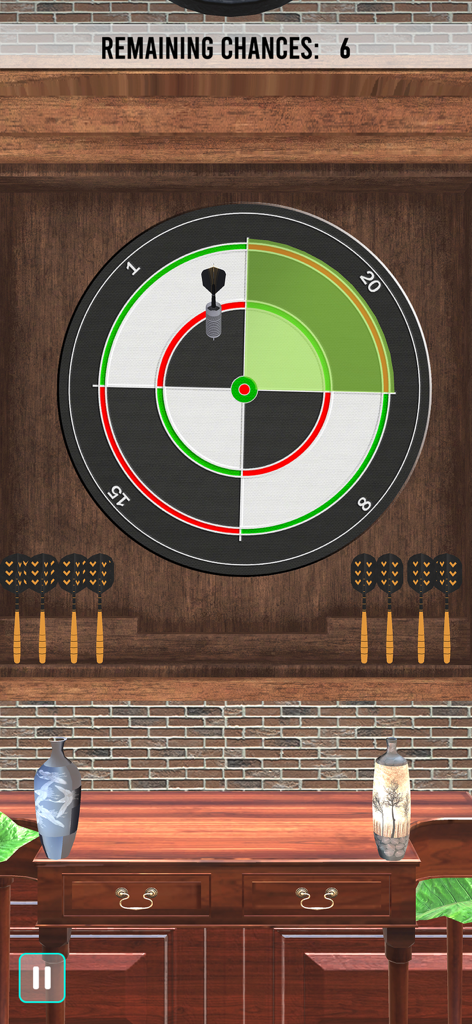 Dart Games 3D: Arrow Master - Una diana de dardos 3D con un dardo alcanzando el objetivo en un acogedor bar de pueblo