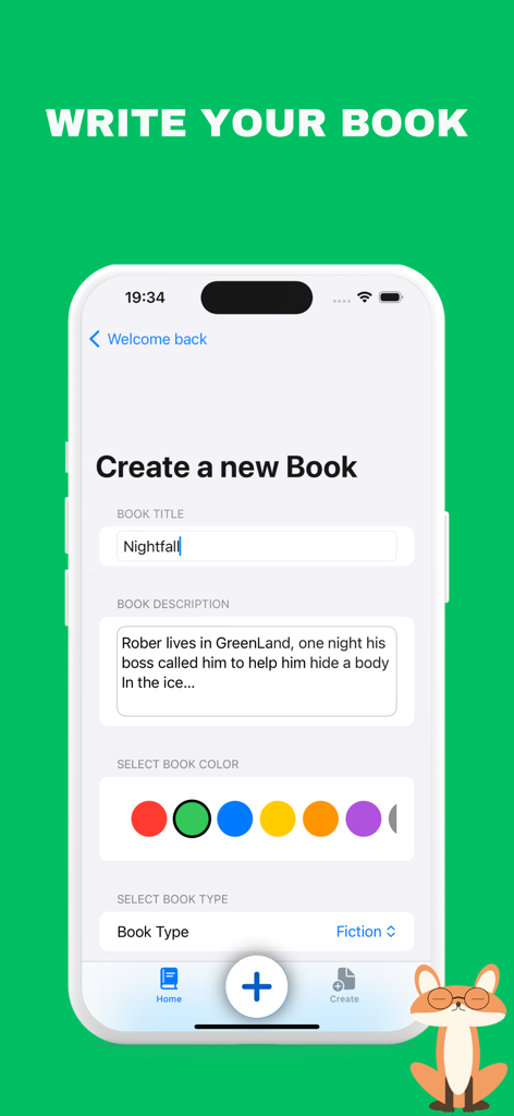 MrsWriter for writers - Interface of MrsWriter app showing the Create a new Book screen with fields for title, description, and color selection.