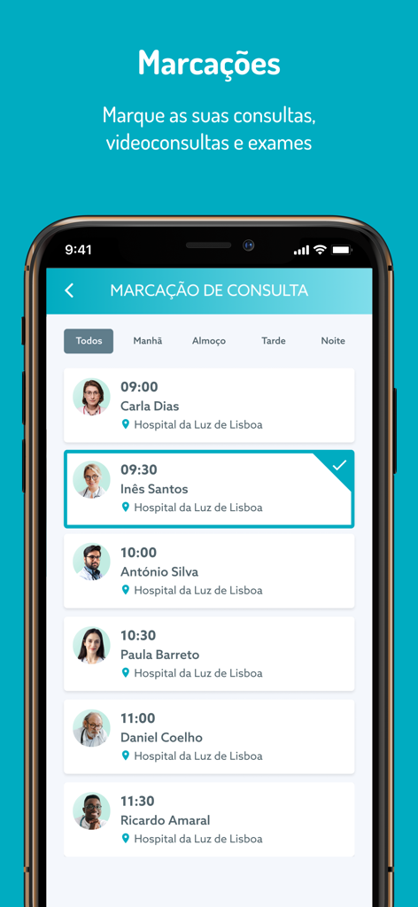 Interface da aplicação MY LUZ mostrando uma lista de médicos e horários disponíveis para marcação de consultas médicas no Hospital da Luz.