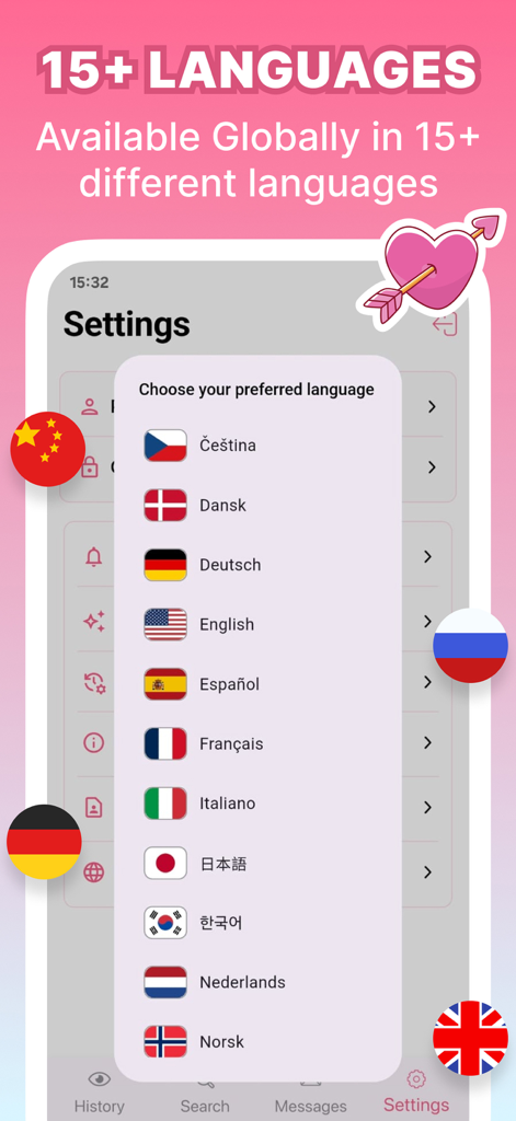 Flirtbees - Live Video Chat - Flirtbees app language selection menu showing multiple global language options and flag icons