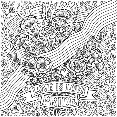 Immerse yourself in a beautiful design celebrating Pride and the natural charm of wild carnations. This intricate coloring page combines symbolic elements of love, diversity, and community with delicate floral details, offering a meaningful artistic experience.