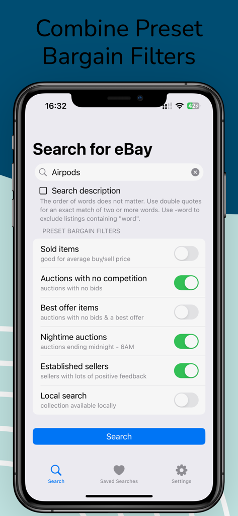 Search for eBay - Interfaccia dell'app Cerca su eBay che mostra filtri personalizzabili per affari per le aste