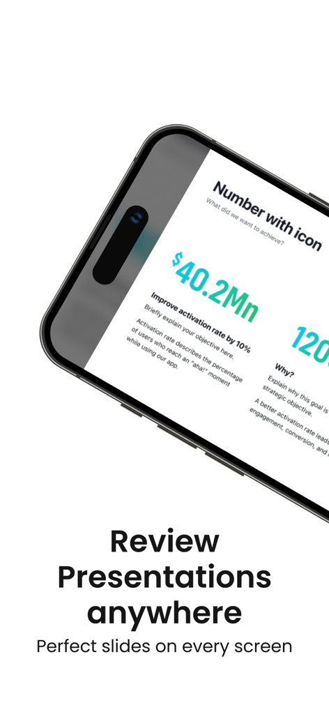 Presentations.AI - Un smartphone mostrando una diapositiva de presentación de negocios con el texto Revisar presentaciones en cualquier lugar.