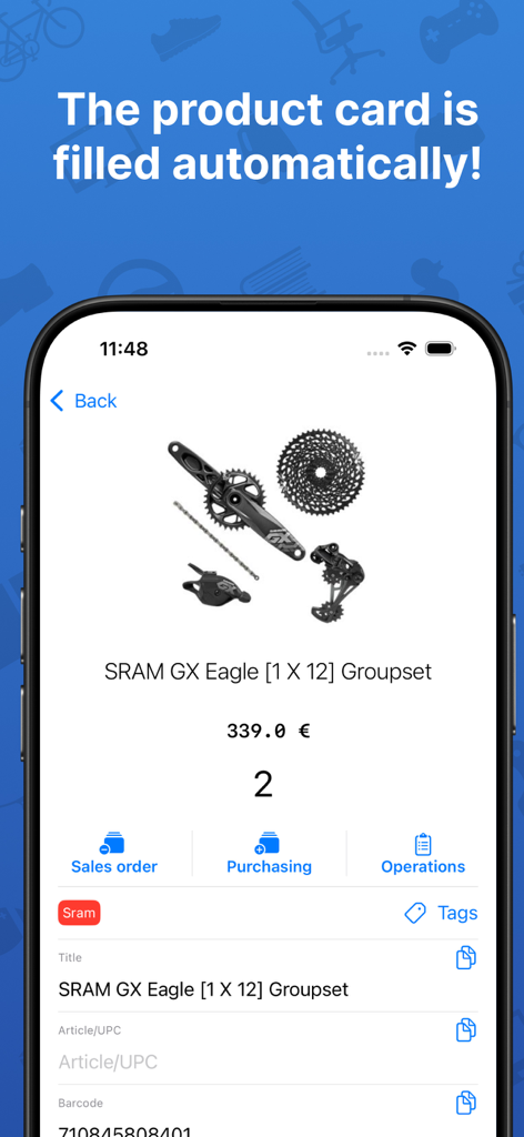 StockFlow: Warehouse control - Interface of StockFlow app showing an automatically populated product card with price and barcode