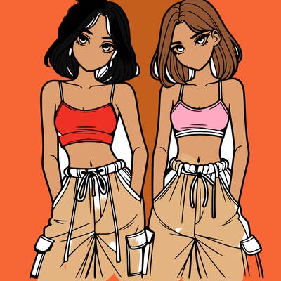 two girls with crop top with baggy pants
