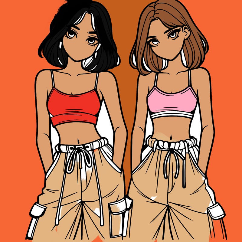two girls with crop top with baggy pants