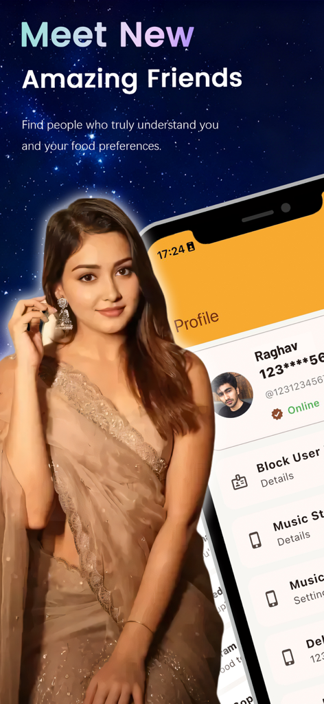 SnackCat - Friends and Share - SnackCat app screenshot displaying a social profile and headline about meeting new friends based on food preferences
