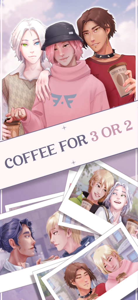 Episode My First Kiss BL Story - Tres hombres estilo anime sosteniendo café con opciones de texto para citas poliamorosas