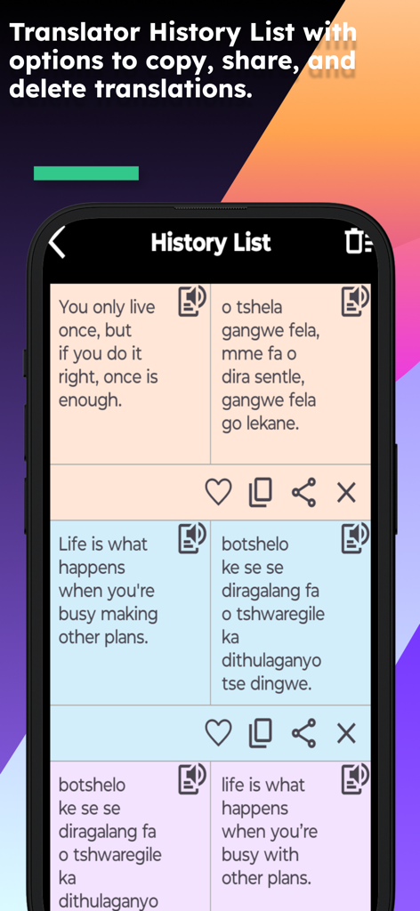 A mobile screen showing the translation history list in the English Tswana Translator app with options to copy and share phrases