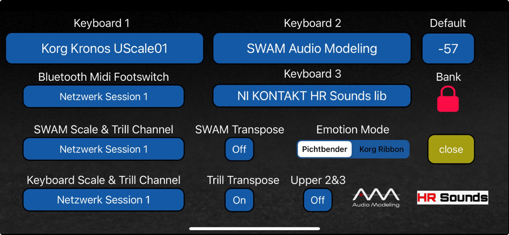 Cavit Scale Ultimate - Cavit Scale Ultimate MIDI settings interface showing configuration for Korg Kronos and SWAM Audio Modeling
