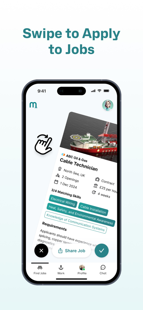 Mobile interface of Moblyze Me app showing a job card for a Cable Technician with a swipe-to-apply feature.