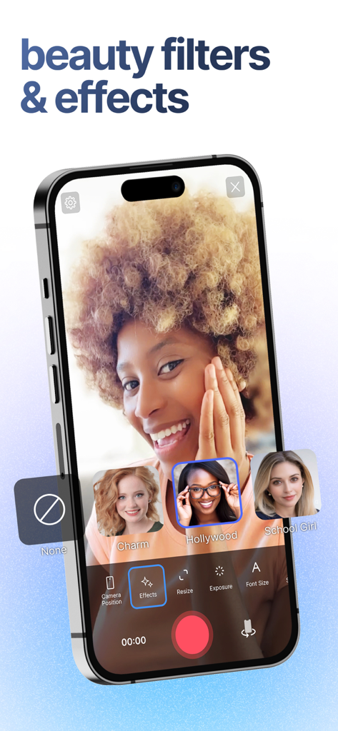 BIGVU Teleprompter Captions AI - Un smartphone que muestra la interfaz de la aplicación BIGVU con filtros de belleza y efectos seleccionados durante una sesión de grabación de video