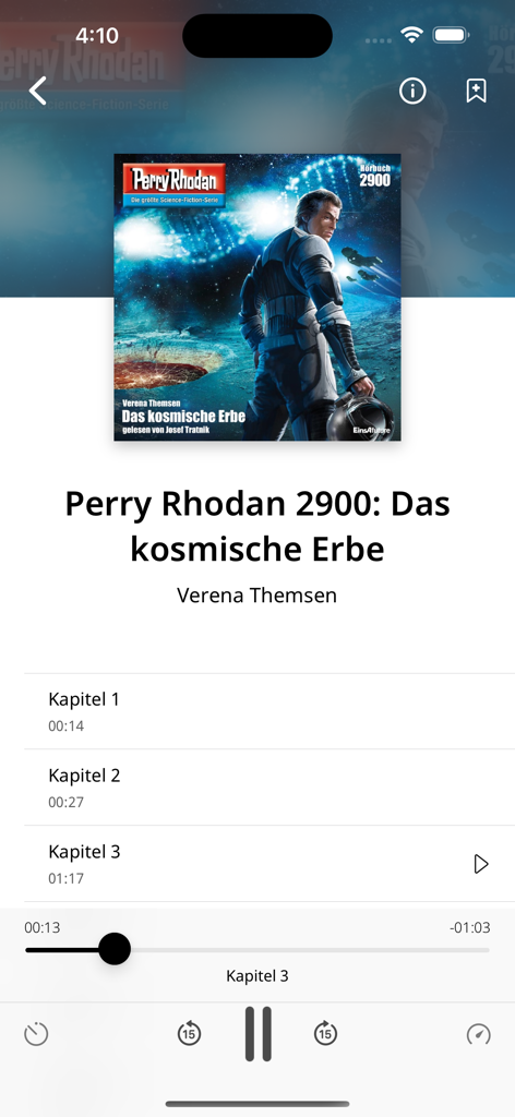 PocketBook Reader - Audiobook playback screen with chapter selection and controls in the PocketBook Reader app