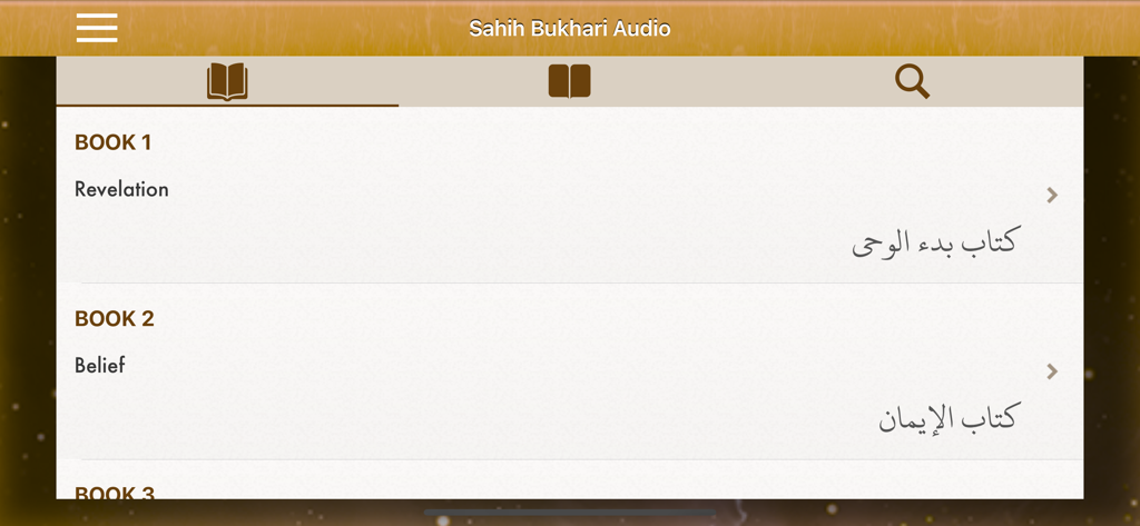 Sahih Al-Bukhari Audio English - Mobile app interface showing a list of Sahih Al-Bukhari books in English and Arabic