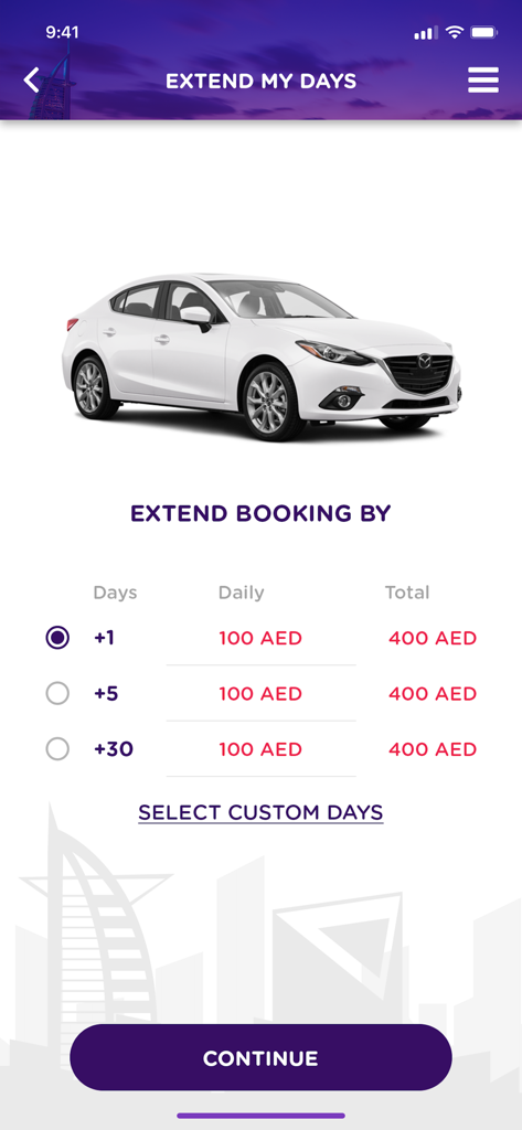 인디고 렌터카와 함께 두바이에서 자동차 렌탈 예약을 연장하는 앱 인터페이스
