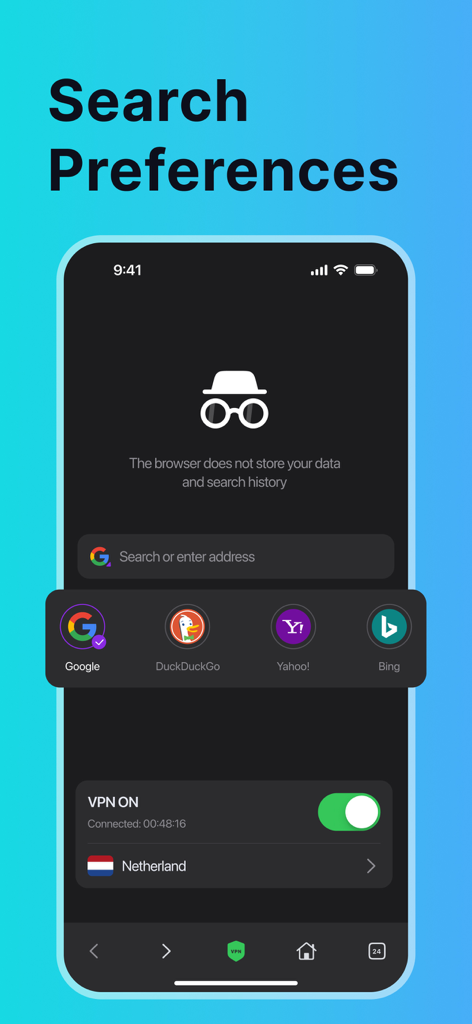Dark Web Browser - VPN Proxy - Search preferences screen in the Dark Web Browser app showing options for Google DuckDuckGo Yahoo and Bing with an active VPN connection to the Netherlands