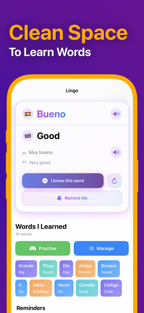 Lingo: Daily Language Learning - Interface limpa e minimalista do aplicativo Lingo mostrando palavras de vocabulário em espanhol e uma lista de palavras aprendidas