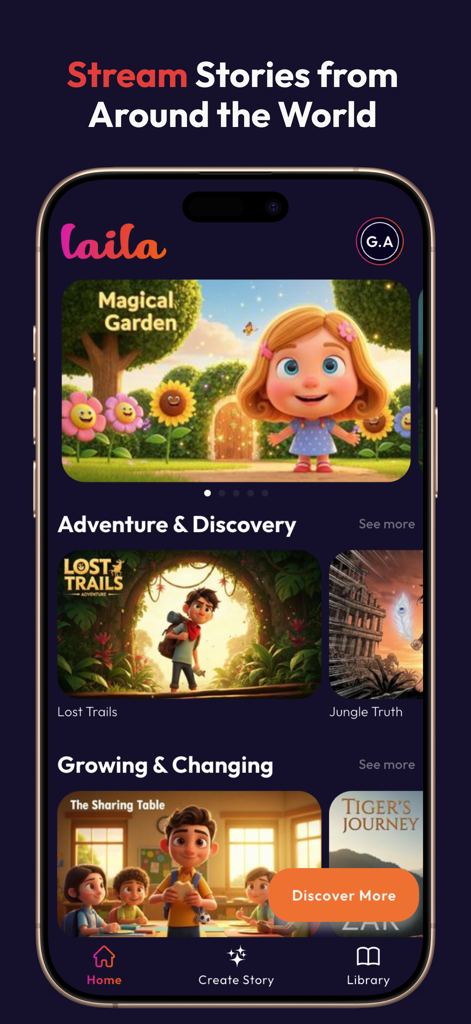 Laila: AI-Powered Storytelling - Home screen of Laila app showing a collection of animated stories for kids.