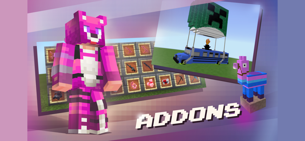 Mods, Skins for Minecraft PE - ピンクのMinecraftキャラクターのスキンと、Minecraft PE用の青いバトルバス車両MOD。