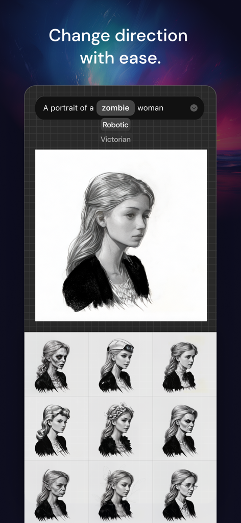 Muse Pro - A interface of the Muse Pro app showing an AI-generated portrait of a woman with selectable prompt tags like zombie and robotic to change artistic styles.