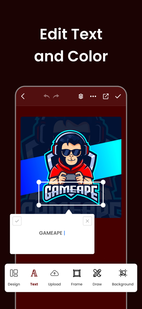 Interfaz móvil de Logo Esport Gaming Maker mostrando cómo editar texto y colores en un logo mascot de mono personalizado