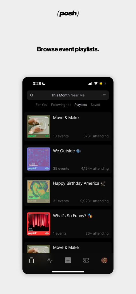 Browse curated event playlists and upcoming local experiences on the Posh app.