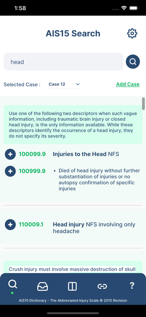 AIS Digital Dictionary - AIS Digital Dictionary app interface showing search results for head injury medical codes
