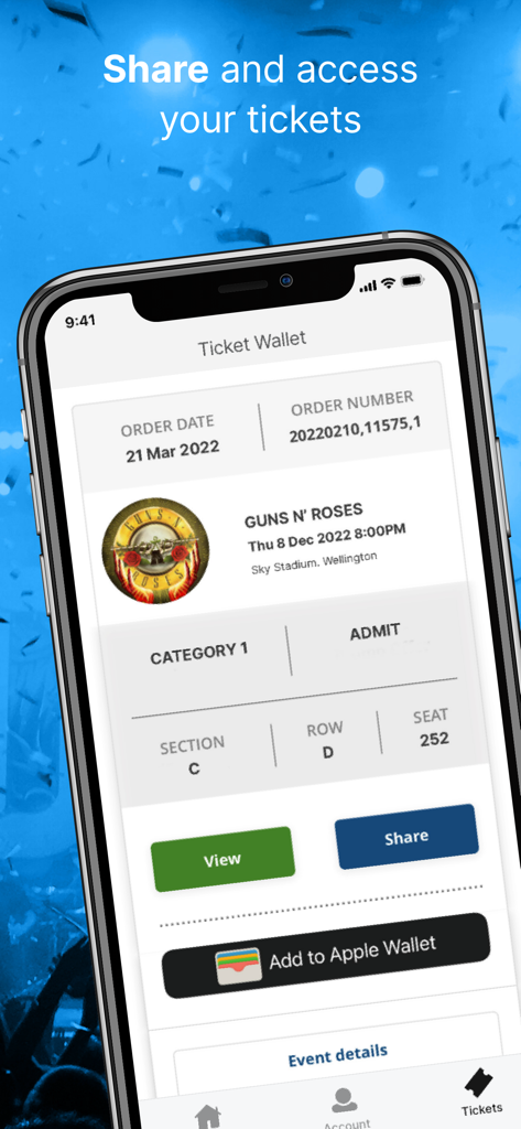 Ticketek NZ mobile app ticket wallet displaying a concert ticket with sharing and Apple Wallet options