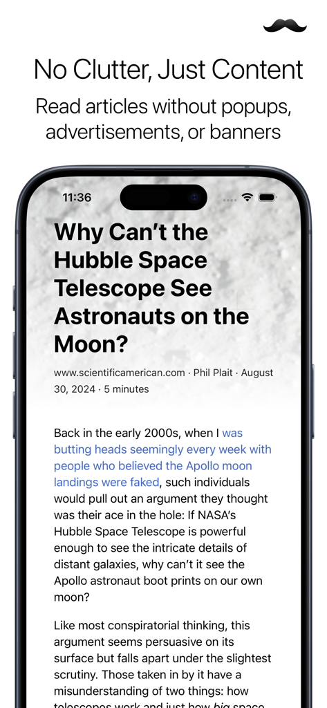 Stache: Save Now, Read Later - iPhone displaying the Stache app with a clean and clutter-free article reader interface