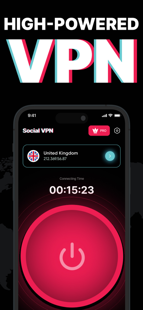 Noctra – Private VPN - Noctra Private VPN application interface on an iPhone showing a high powered connection to a United Kingdom server with a large red button.