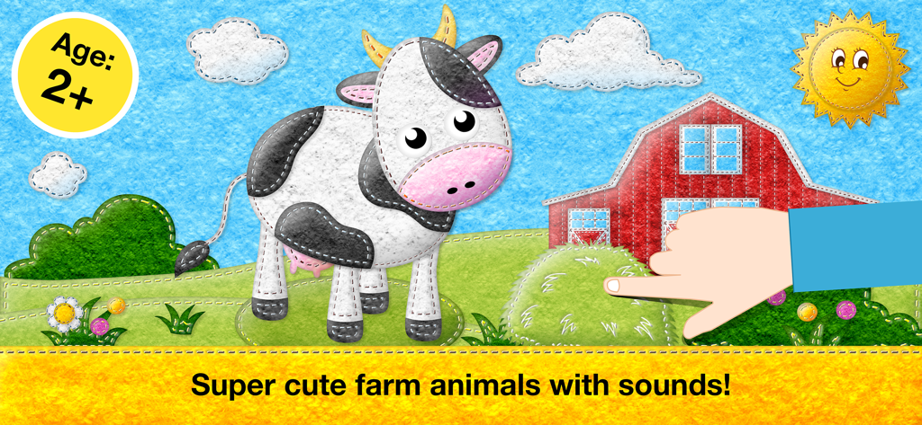 A cute felt style cow and barn in an educational game for toddlers