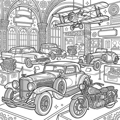 Immerse yourself in the fascinating world of vintage vehicles with this intricate adult coloring page. Discover classic cars, a timeless motorcycle, and even a biplane, all within a beautifully detailed museum setting.