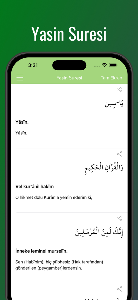 Yasin Suresi (Yasin-i Şerif) - Yasin Suresi app screen showing Arabic script and Turkish translation