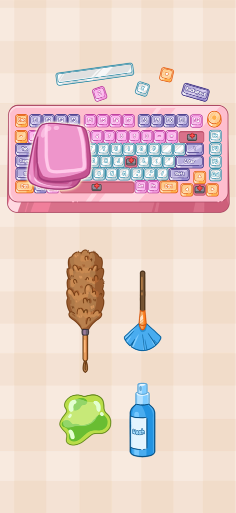Satiszone: Perfect ASMR Tidy - A pastel mechanical keyboard being cleaned with various tools like a duster and cleaning slime in the Satiszone ASMR game.