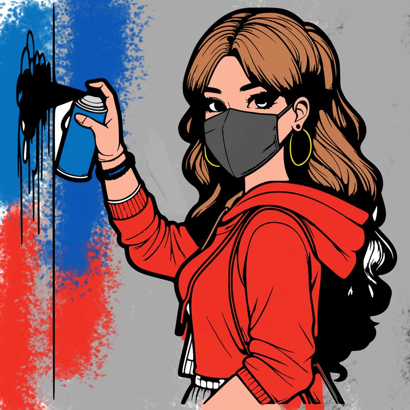 realistic girl with mask spray painting a wall