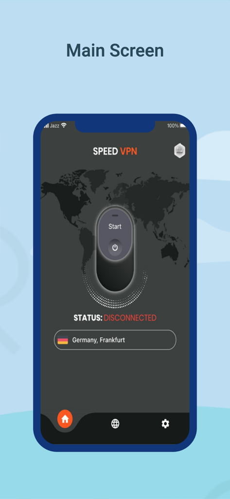 Speed VPN and Private Browser - Hauptoberfläche der Speed VPN-App, die die Ein-Tipp-Verbindungsschaltfläche und den Serverstandort in Deutschland zeigt.