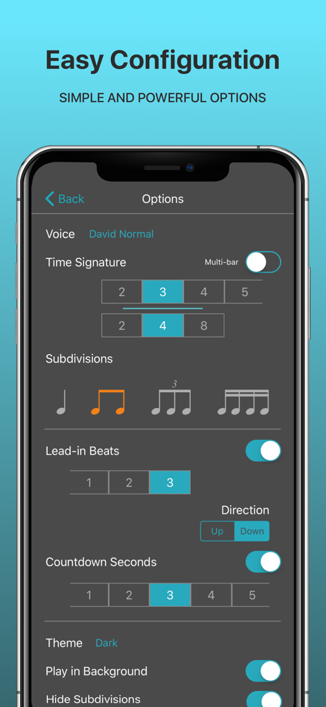 SpeakBeat Metronome - 1 2 3 4 - SpeakBeat Metronome app configuration screen with time signature and subdivision settings