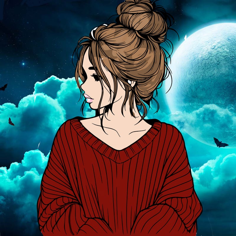 realistic girl wearing a messy bun and an oversized sweater