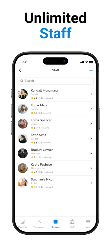 SetTime Appointment Scheduler - A mobile app screen showing a list of staff members with their names, roles, and star ratings for an appointment scheduling service.