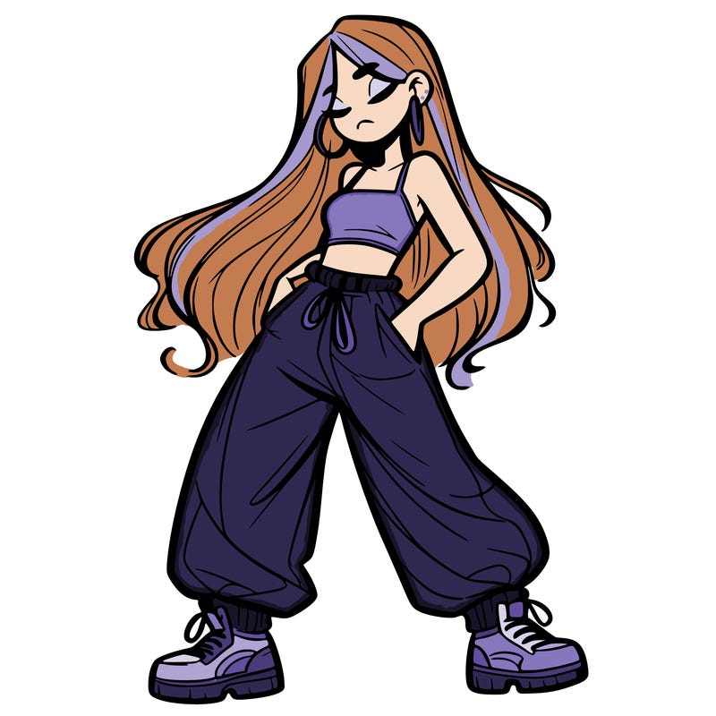 girl in baggy pants crop top and long hair