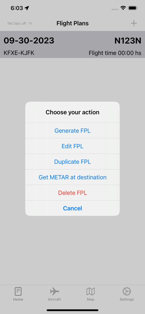 Flight Plan Maker (FPL Maker) - Aplicativo Flight Plan Maker exibindo um menu com opções para gerar, editar, duplicar ou excluir um plano de voo ICAO