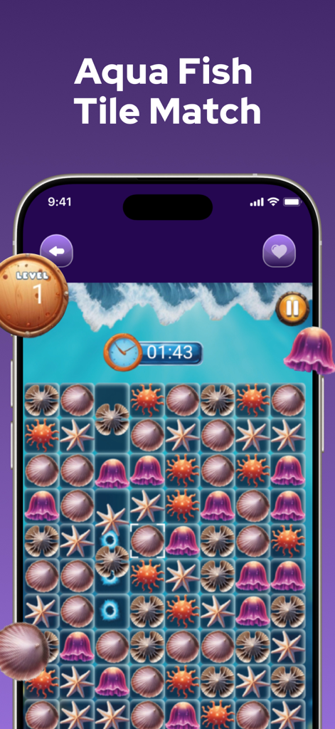Offline Puzzle Games - No WiFi - Gameplay screenshot of Aqua Fish Tile Match featuring ocean themed tiles on a mobile screen